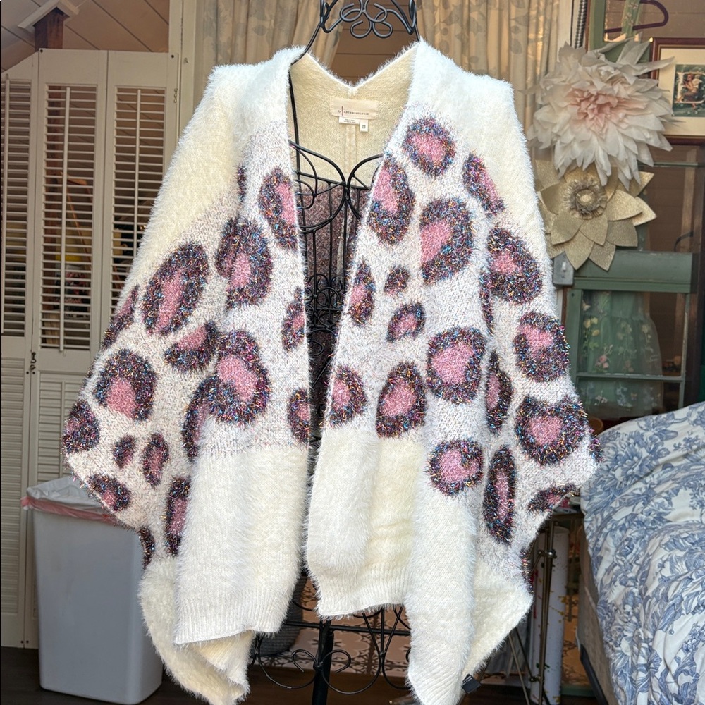 Anthropologie Kenzie Leopard Shimmer wrap open front Sweater Cardigan OS